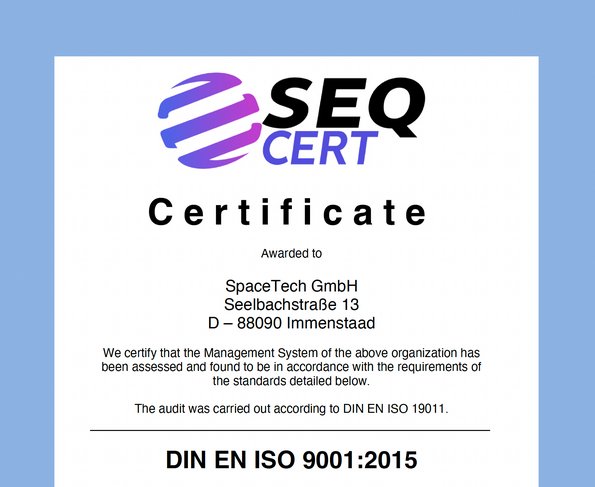 SpaceTech DIN EN ISO 9001 certificate