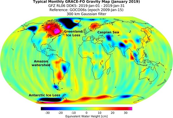 A typical monthly gravity field map from the GRACE Follow-On data