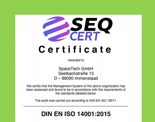 SpaceTech DIN EN ISO 14001 certificate