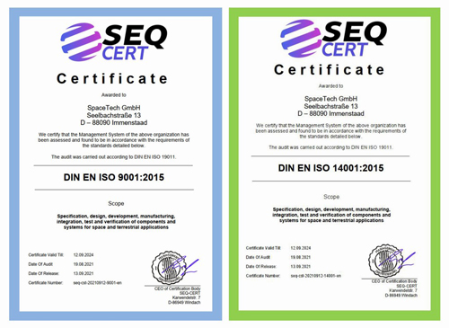 SpaceTech DIN EN ISO certificates